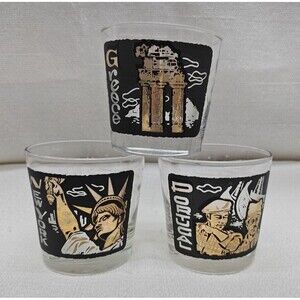 3 TWA VINTAGE DESTINATION GLASSES -MCM WHISKEY GLASSES- AVIATION MEMORABILIA